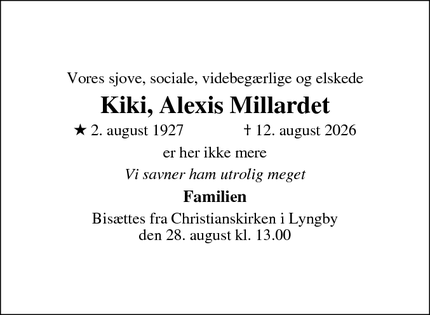 Dødsannoncen for Kiki, Alexis Millardet - Lyngby