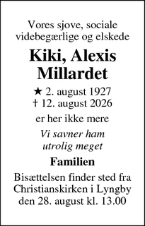 Dødsannoncen for Kiki, Alexis Millardet - Lyngby