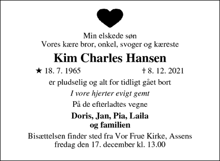 Dødsannoncen for Kim Charles Hansen - Vissenbjerg