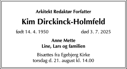 Dødsannoncen for Kim Dirckinck-Holmfeld - Egebjerg, 4500 Nykøbing Sj