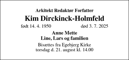 Dødsannoncen for Kim Dirckinck-Holmfeld - Egebjerg, 4500 Nykøbing Sj