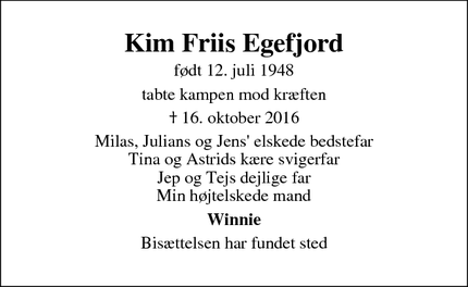 Dødsannoncen for Kim Friis Egefjord - Ebeltoft