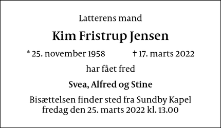 Dødsannoncen for Kim Fristrup Jensen - København