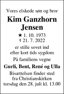 Dødsannoncen for Kim Ganzhorn
Jensen - Brejning