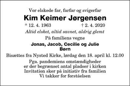 Dødsannoncen for Kim Keimer Jørgensen - Nysted