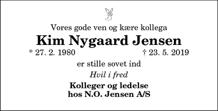 Dødsannoncen for Kim Nygaard Jensen - Brønderslev