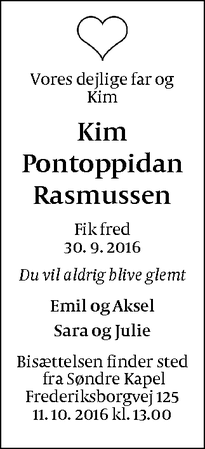 Dødsannoncen for Kim Pontoppidan Rasmussen - København