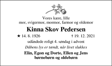 Dødsannoncen for Kinna Skov Pedersen - Bording