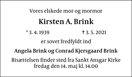 Dødsannoncen for Kirsten A. Brink - København Ø