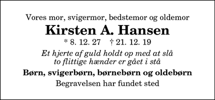 Dødsannoncen for Kirsten A. Hansen - Boddum 