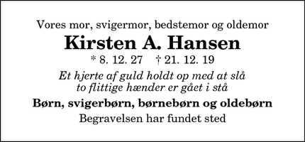 Dødsannoncen for Kirsten A. Hansen - Boddum 