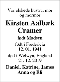 Dødsannoncen for Kirsten Aalbæk Cramer - Welwyn, England
