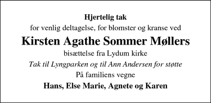 Dødsannoncen for Kirsten Agathe Sommer M&oslash;llers - Varde