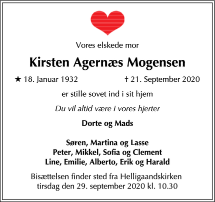 Dødsannoncen for Kirsten Agernæs Mogensen - København