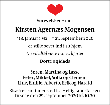 Dødsannoncen for Kirsten Agernæs Mogensen - København