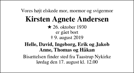 Dødsannoncen for Kirsten Agnete Andersen - Hedehusene