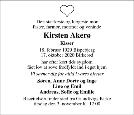 Dødsannoncen for Kirsten Akerø - Hvidovre