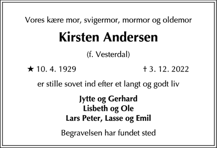 Dødsannoncen for Kirsten Andersen - Nivå