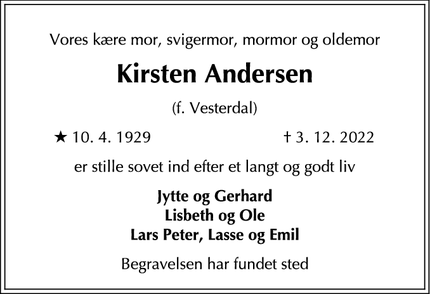 Dødsannoncen for Kirsten Andersen - Nivå