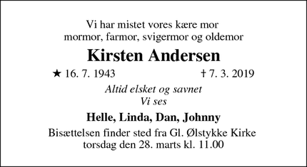 Dødsannoncen for Kirsten Andersen - Ølstykke
