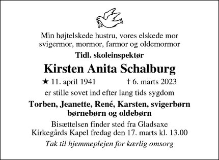 Dødsannoncen for Kirsten Anita Schalburg - Gladsaxe