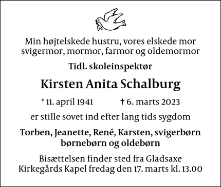 Dødsannoncen for Kirsten Anita Schalburg - Gladsaxe