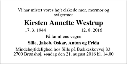 Dødsannoncen for Kirsten Annette Westrup - København 
