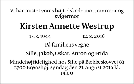 Dødsannoncen for Kirsten Annette Westrup - København 