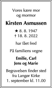 Dødsannoncen for Kirsten Asmussen - Tranebjerg