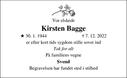 Dødsannoncen for Kirsten Bagge - Karlslunde
