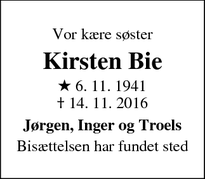 Dødsannoncen for Kirsten Bie - Holstebro