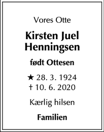 Dødsannoncen for Kirsten Juel Henningsen - København