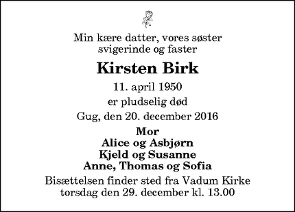 Dødsannoncen for Kirsten Birk - Aalborg