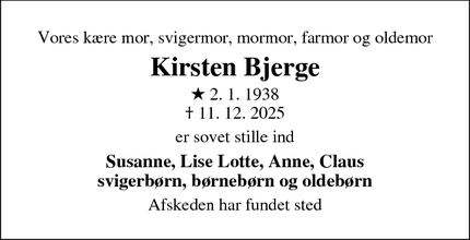 Dødsannoncen for Kirsten Bjerge - Skjern
