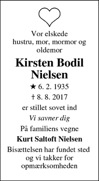 Dødsannoncen for Kirsten Bodil Nielsen - Ringsted