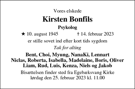 Dødsannoncen for Kirsten Bonfils - Espergærde