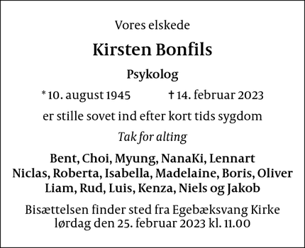 Dødsannoncen for Kirsten Bonfils - Espergærde
