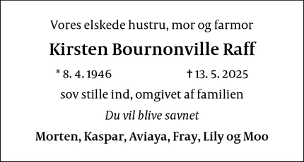 Dødsannoncen for Kirsten Bournonville Raff - Stampetoften 4  2970 Hørsholm