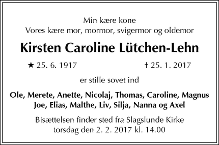 Dødsannoncen for Kirsten Caroline Lütchen-Lehn - Slagslunde