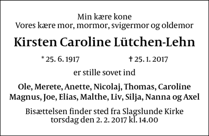 Dødsannoncen for Kirsten Caroline Lütchen-Lehn - Slagslunde