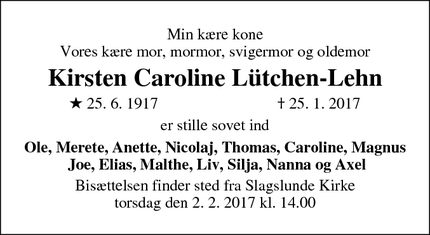 Dødsannoncen for Kirsten Caroline Lütchen-Lehn - Slagslunde