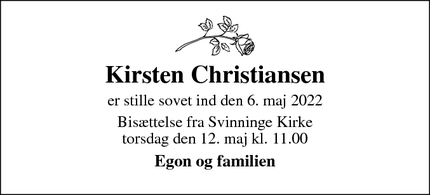 Dødsannoncen for Kirsten Christiansen - Roskilde