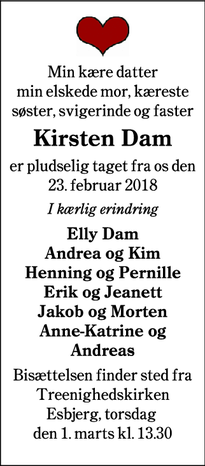 Dødsannoncen for Kirsten Dam - Gredstedbro