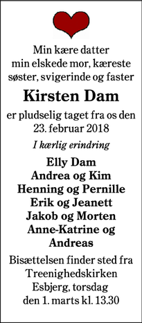Dødsannoncen for Kirsten Dam - Gredstedbro