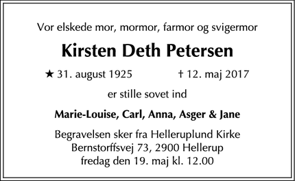 Dødsannoncen for Kirsten Deth Petersen - Hellerup