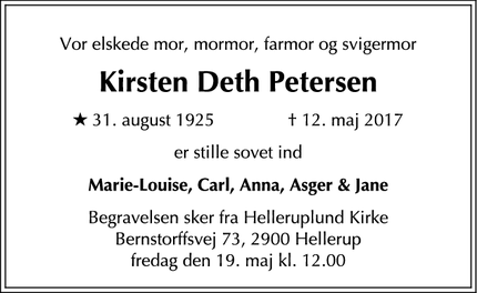Dødsannoncen for Kirsten Deth Petersen - Hellerup