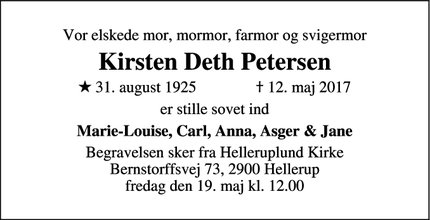 Dødsannoncen for Kirsten Deth Petersen - Hellerup