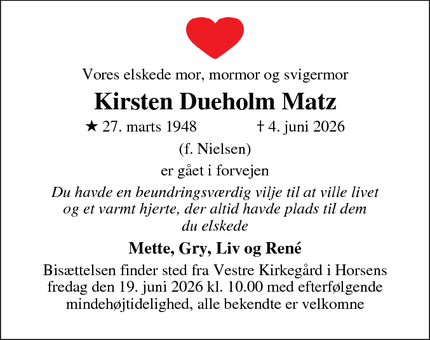 Dødsannoncen for Kirsten Dueholm Matz - Horsens 