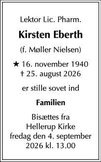 Dødsannoncen for Kirsten Eberth - Hellerup