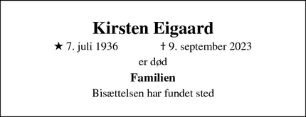 Dødsannoncen for Kirsten Eigaard - Thisted